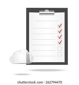 Vector illustration of a clipboard, cloud and checklist with checking off tasks. Vector illustration for posters, banners and templates