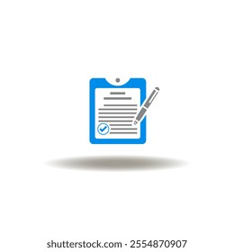 Vector illustration of clipboard and document with checkmark and pen. Symbol of execute. Icon of compliance. Sign of execution.