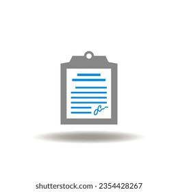 Vector illustration of clipboard with document and signing. Symbol of contract. Icon of registration of deal. Sign of agreement.