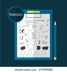  Vector illustration of clipboard in flat style with hand drawing elements. Concept of teamwork, brainstorming. Business success.