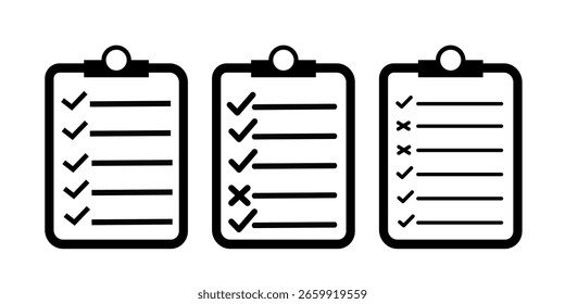 Ilustración vectorial del conjunto de iconos de Portapapeles. Lista de verificación en el ícono de la línea de Portapapeles con marcas de verificación, lista de verificación.