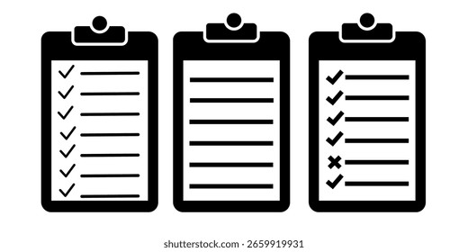 Ilustración vectorial del conjunto de iconos de Portapapeles. Lista de verificación en el ícono de la línea de Portapapeles con marcas de verificación, lista de verificación.
