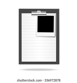 Vector illustration of clipboard, leaf of lined paper and photo. Vector illustration for posters, banners and templates