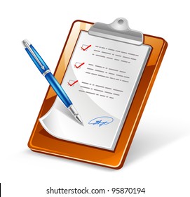 Vector illustration of clipboard with pen on white background