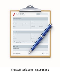 Vector illustration of clipboard with sample form mock-up and detailed blue classic ballpoint pen