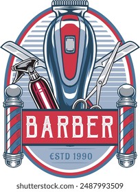 Vector Illustration of Clipper, Barber's Pole and Scissors and Razor Blade with  Vintage Illustration Available for Barber Badge