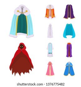 Vector illustration of cloak and clothes sign. Set of cloak and garment stock symbol for web.