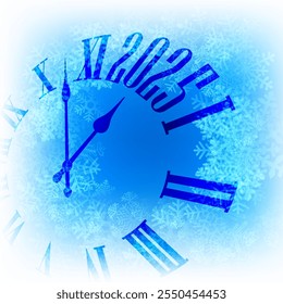 Vector illustration of a clock approaching midnight, surrounded by snowflakes, symbolizing New Year's Eve and 2025 celebration.