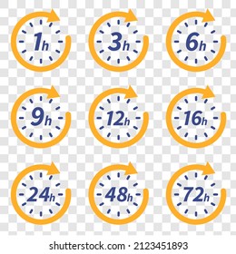 Vector illustration clock arrow 1, 3, 6, 9, 12, 16, 24, 48, 72 hours. Set of delivery service time icons.