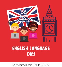 vector illustration of clock building graphics, children, British flag. top view, perfect for education and commemorating English language day