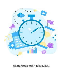 Vector illustration. Clock, calendar and hourglass. Concept of time management. with business icons