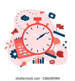 Vector illustration. Clock, calendar and hourglass. Concept of time management. with business icons	