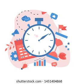 Vector illustration. Clock, calendar and hourglass. Concept of time management. with business icons	