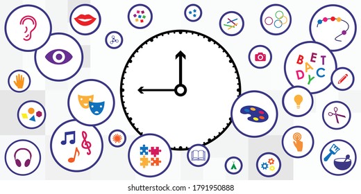 vector illustration of clock and different hobby activities symbols for pleasure and timespending
