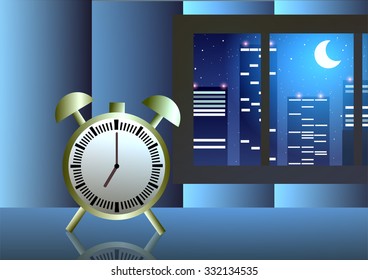 Vector illustration. Clock in the evening at the window.