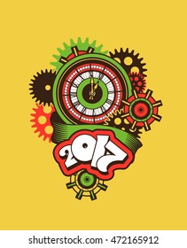 vector illustration of a clock face surrounded by mechanical parts and wrap holiday banner digits of the year