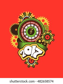 vector illustration of a clock face surrounded by mechanical parts and wrap holiday banner digits of the year