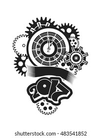 vector illustration of a clock face surrounded by mechanical parts and wrap holiday banner digits of the year Black and white