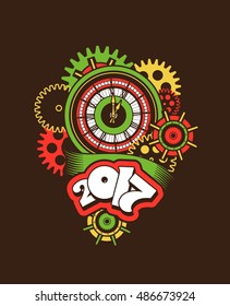 vector illustration of a clock face surrounded by mechanical parts and wrap holiday banner digits of the year