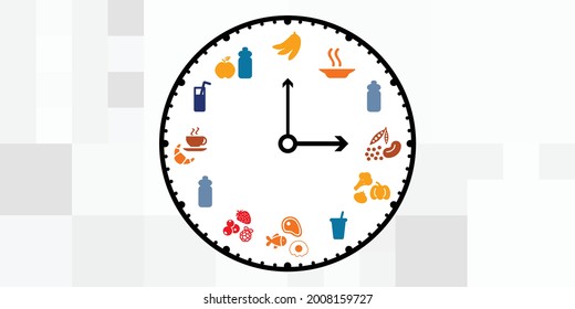 vector illustration of clock and food for meals planning and hydration schedule