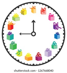 vector illustration of clock with gifts for presents buying time and advises 
