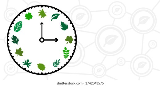 vector illustration of clock with green leaves symbols for ecological problems solutions 