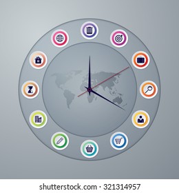 Vector illustration of a clock with hands infographics.