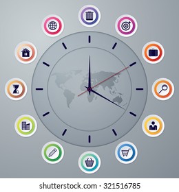 Vector illustration of a clock with hands infographics.