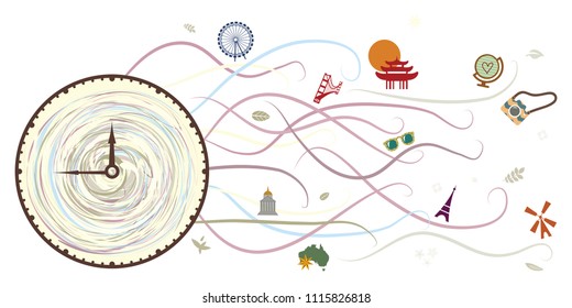 vector illustration of clock and historical famous building and landmarks for travel in time concepts and tourism