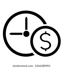 Vector illustration, clock icon and coins. Time and money. Isolated on a white background.