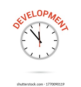  Ilustración vectorial del icono del reloj. La flecha roja apunta a DESARROLLO de palabras. Icono conceptual.