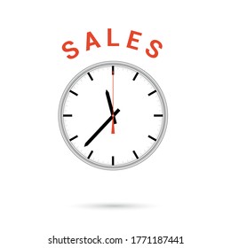  Vector illustration of clock icon. Red arrow points to word SALES. Conceptual icon. 