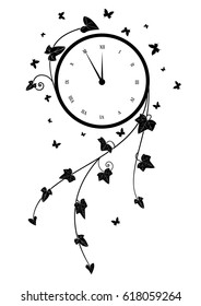 vector illustration with clock, ivy and butterflies in black and white