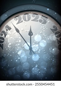 Vector illustration of a clock nearing midnight for 2025, surrounded by glowing sparkles and a cool blue ambiance.