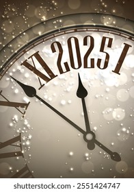 Vector illustration of a clock nearing midnight for 2025, illuminated by shimmering golden sparkles and bokeh effects.