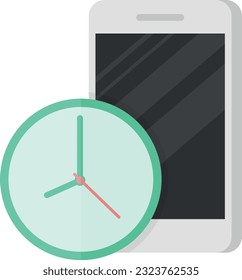 Ilustración vectorial del reloj al lado de un teléfono inteligente móvil. Aplicaciones de productividad y administración del tiempo. Se desperdició el tiempo por teléfono. Adicción móvil.