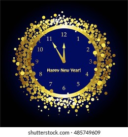 Vector illustration of The clock on black-blue background. Waiting for the New Year without 5 minutes 12 nights.