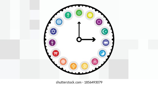 vector illustration of clock and religious symbols for spirituality and time concept