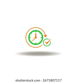 Vector illustration of clock with round arrow and tick mark. Symbol of daily routine.