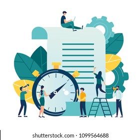 Vector illustration, clock with a sheet on a white background, a time log, vector, express services for processing documents, schedule of important even
