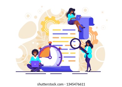 Vector illustration, clock with a sheet on a white background, a time log, express services for processing documents, schedule of important events 