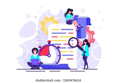 Vector illustration, clock with a sheet on a white background, a time log, express services for processing documents, schedule of important events 