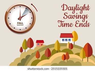 Ilustración vectorial de un reloj que muestra el cambio de hora cuando el horario de verano termina en el otoño de las dos en punto a la una en Estados Unidos. Paisaje de otoño