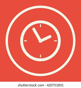 Vector illustration of clock sign icon on red background.
