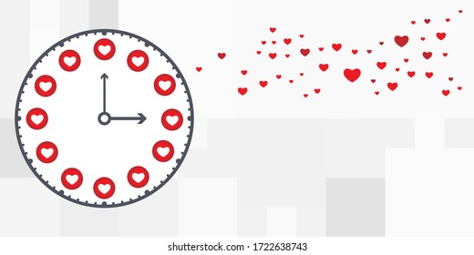 vector illustration of clock and social media symbols hearts and likes 