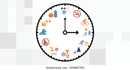 vector illustration of clock with sport activities for timing of workouts and trainings scheduling