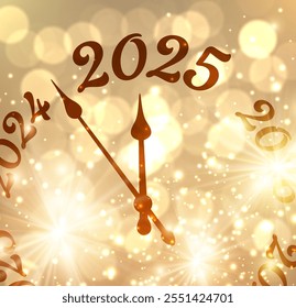 Vector illustration of a clock striking midnight for 2025, glowing with warm golden sparkles and festive elegance.