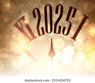 Vector illustration of a clock striking midnight for 2025, highlighted with bokeh effects and warm golden sparkles.