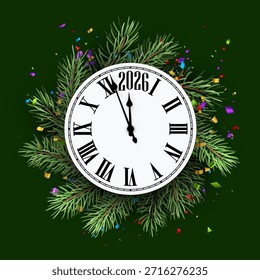 Vektorgrafik einer Uhr, die Mitternacht für 2026 schlägt, mit Kiefernzweigen und bunten Konfetti, die ein festliches Fest symbolisieren.