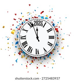 Vektorgrafik einer Uhr, die Mitternacht für 2026 schlägt, mit bunten Konfetti, die Silvesterfeier und Freude symbolisieren.